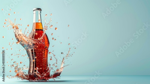 A 3D illustration depicting fresh sparkling cola splashing out of a glass bottle rim, isolated on a light blue background