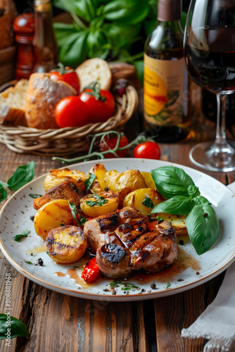 Decadent Traditional Umbrian Cuisine Served on Rustic Wooden Table Setting Featuring Succulent Pork and Hearty Sides