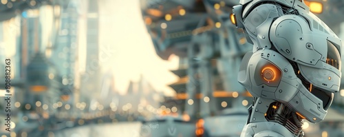 Capture a side view of a futuristic robot inspired by Da Vincis anatomical sketches, set against a bustling cityscape Utilize photorealistic CG 3D techniques to enhance details photo