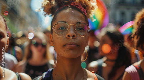 Black girl at a parade in support of the LGBT community looking staright to the camera
