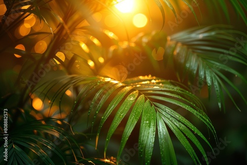 A close-up image focusing on the green dew-covered palm leaves with a golden bokeh effect created by the sunlight