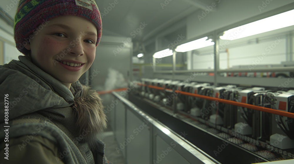 A photorealistic image of a smiling production worker in casual attire, working in a clean, modern production hall. In the background, conveyor belts are visible, assembling battery packs for electric