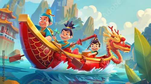 The cartoon zongzi dragon boat team for the duanwu festival, which includes a paddler, drummer, and steerer