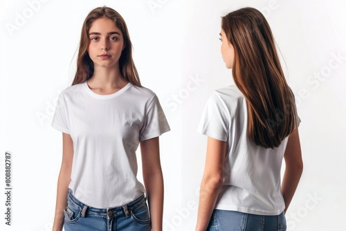 Front and back views of a young woman wearing a stylish t-shirt, posed against a white background, mockup for design presentations