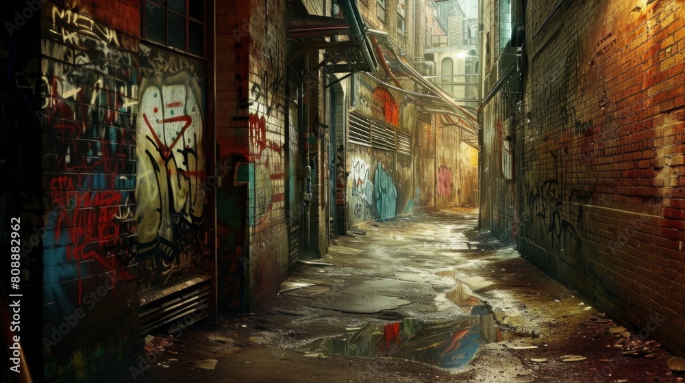 Fototapeta premium Dark vintage urban alley back yard with graffiti