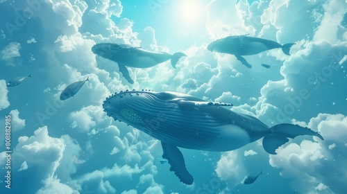 A 3D illustration showing humpback whales swimming among clouds with flying fish