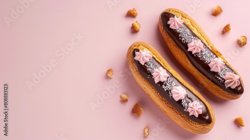 Eclairs cake dessert topping cream flat lay copy space