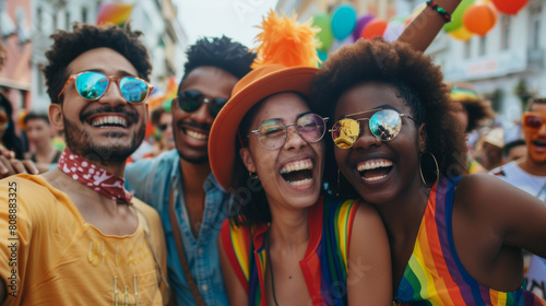 Multiracial gay people having fun at pride parade - Concept of lgbt and homosexual or transexual love Stock Photo photography photo