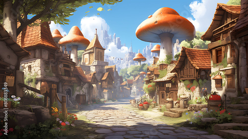A picturesque village scene with agaricus mushrooms growing beside a cobblestone street with quaint shops.