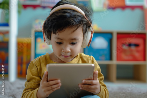 asian preschool child using tablet with headphones, little kid watching cartoon, playing game or learning on a digital device, toddler screentime usage concept