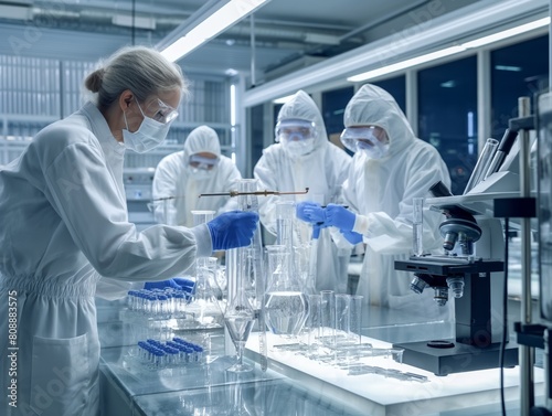 A group of scientists in lab coats are working on an experiment. Scene is serious and focused, as the scientists are wearing protective gear and working with various scientific equipment
