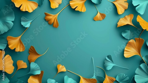 Yellow and turquoise autumn time ginkgo leaves brochure photo