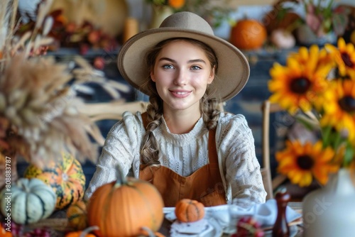 Young Caucasian Woman: Festive Autumn Table Display for Harvest Home Decor