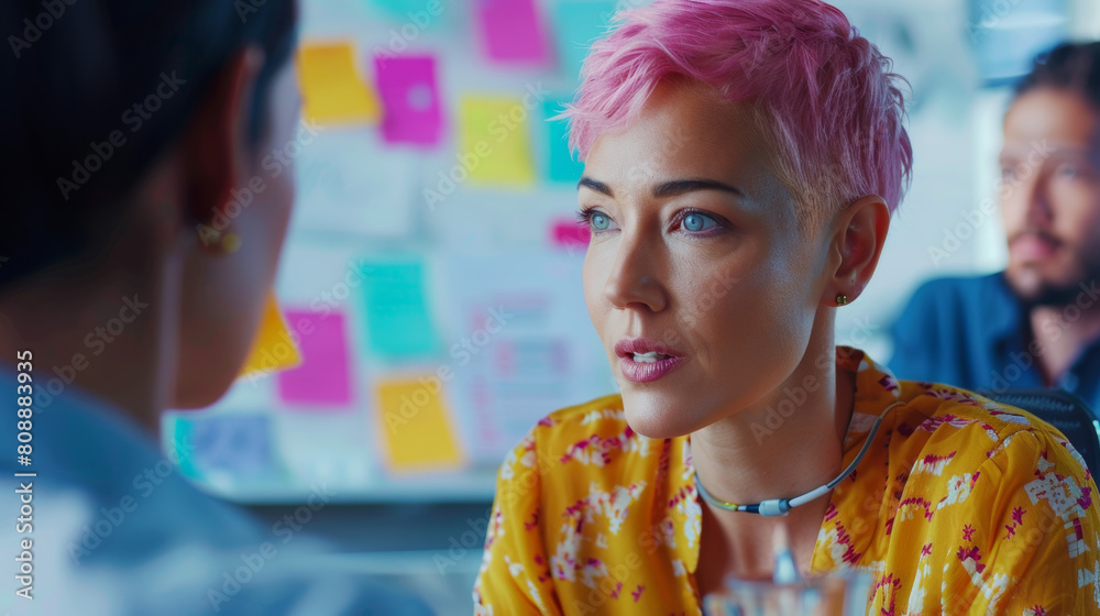 Φωτογραφία Office Meeting in Conference Room: Beautiful Specialist with Short Pink Hair Talks about Firm Strategy with Diverse Team of Professional Businesspeople