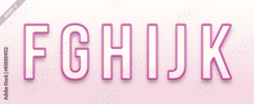 Realistic pink metal font. Pink gold ouline font. Metallic 3d typeface. English alphabet. Vector illustration.