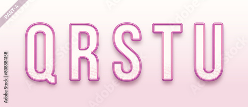Realistic pink metal font. Pink gold ouline font. Metallic 3d typeface. English alphabet. Vector illustration.