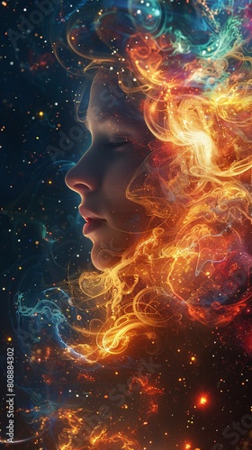 a cosmic female emanating a sensual aura, her hair ablaze with fire, exuding elegance and grace within the vast expanse of the cosmic cosmos