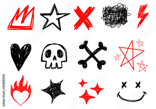 hand drawing elements. punk grunge aesthetic. stickers. poster