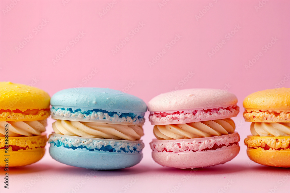 Studio photography of trendy and fun French macarons, arranged in a colorful and artistic display, vibrant colors