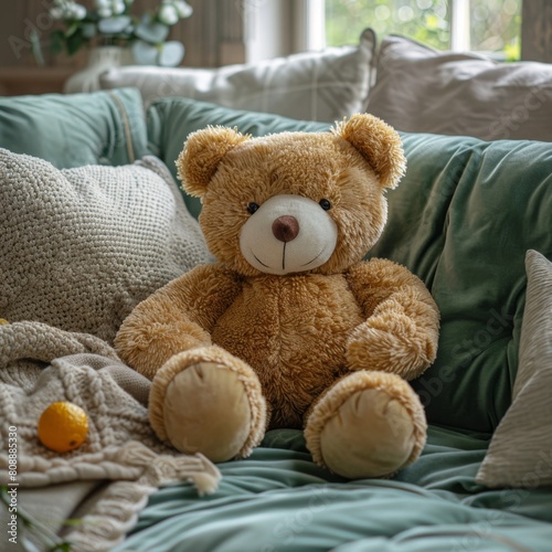 Close up of a cute little bear doll lying on a light green velvet sofa with beige pillows, modern living room, home  interior design,4K Wallpaper