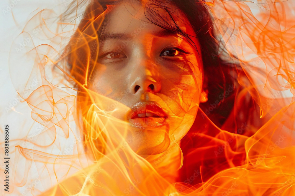 Young Asian Woman in Fiery Abstract Texture on Transparent Background Young Asian Woman in Fiery Abstract Texture on Transparent Background
