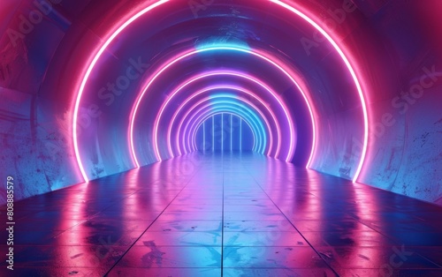 A long tunnel illuminated by neon lights casting a colorful glow on the surroundings