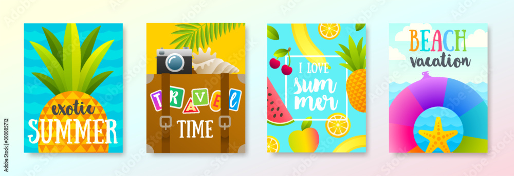 Set of tropical beach vacation and summer holidays design. Vector illustration for poster or greeting card.