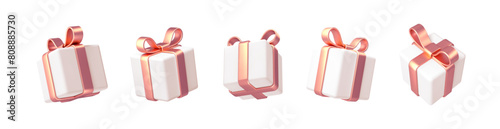 Set of realistic 3d render gift boxes. White gift box with rose gold bow and ribbon. Gift box in different angles isolated on white. Vector illustration.