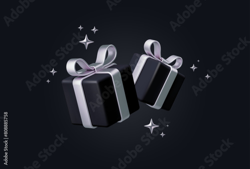 3d render gift boxes on black background. Black gift boxes with silver ribbon and bow. Birthday celebration concept. Vector illustration.