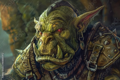 Portrait of a formidable and frightening orc with sharp fangs, fantasy creature illustration
 photo