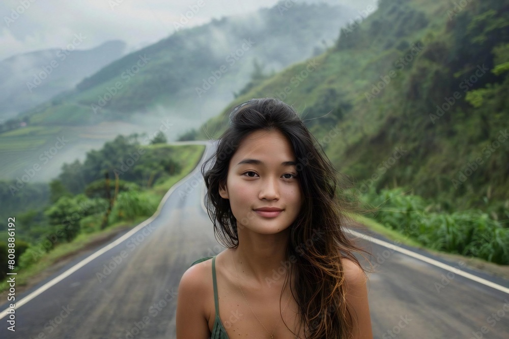 Εκτύπωση καμβά Young Asian Woman Posing on Scenic Mountain Road Amongst Lush Green Forest