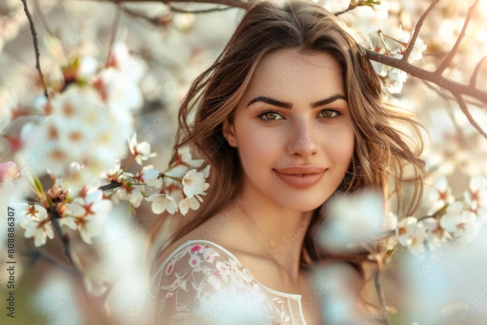 Portrait of a Beautiful Young Caucasian Woman Surrounded by Spring Blossoms: Greeting Card Template