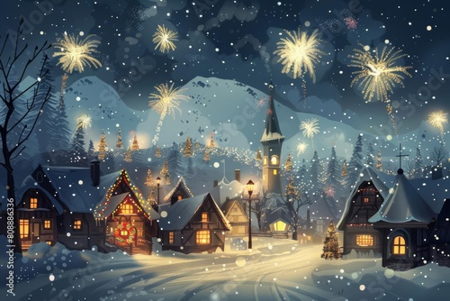 quaint winter village celebrating new years eve with dazzling fireworks display digital illustration