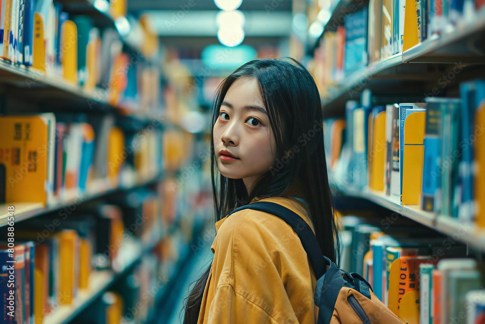 Young Asian Woman Curiously Exploring Bookstore Shelves during Back to School Season Young Asian Woman Curiously Exploring Bookstore Shelves during Back to School Season