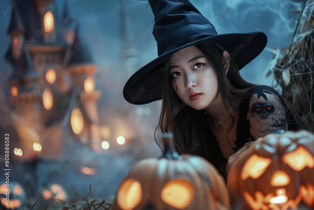 Young Asian Woman in Ghoulish Halloween Scene with Pumpkins Castle and Sorcerer Young Asian Woman in Ghoulish Halloween Scene with Pumpkins Castle and Sorcerer