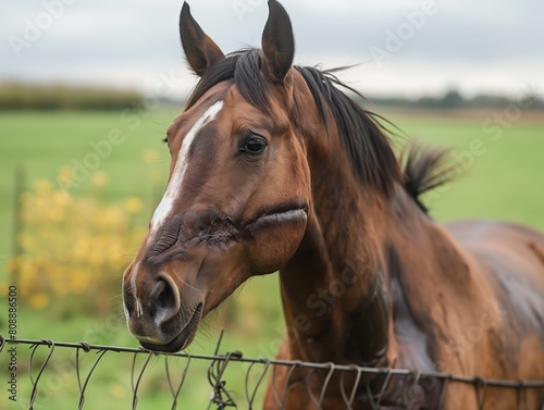 A brown horse with a white stripe on its face is standing in a field. The horse has a wound on its face and he is looking at the camera