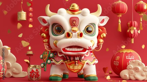 3D parade poster with Chinese lion dance. Image of a cute baby cow. TRANSLATION: Wishing you many happy returns in the coming year. photo