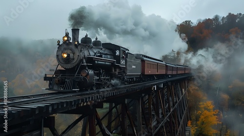 Vintage Train: Steam Locomotive Crossing Bridge, Captured in Photograph