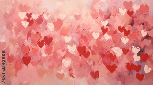 Abstract Romantic Background with Floating Red and Pink Heart Cutouts