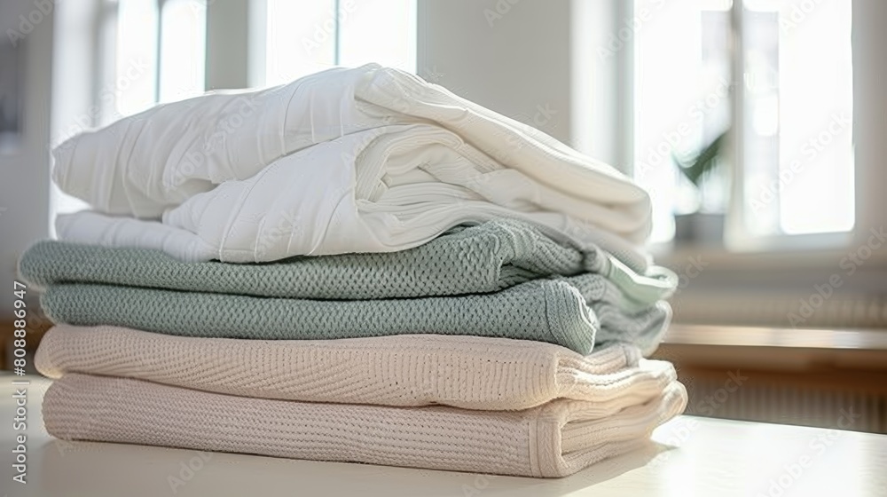 Elegant display of knitted blankets and plush comforters in a serene home setting illuminated by natural light Elegant display of knitted blankets and plush comforters in a serene home setting illuminated by natural light