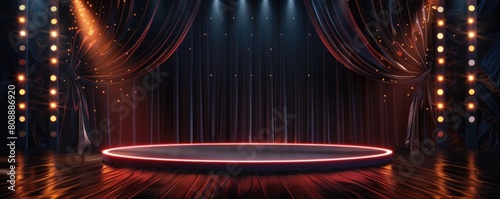 Empty stage with round glowing podium for comedy evening, background template photo