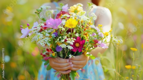Child with a bouquet of wild flowers. Selective focus.