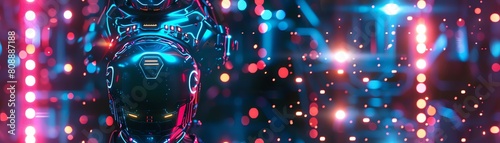 Intriguingly detailed, design a metallic Cyber Chic robot model strutting confidently, flaunting neon glowing circuit patterns on a holographic runway photo