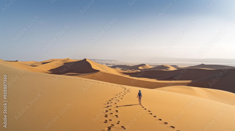 A lone traveler walks through the vast desert, leaving footprints in the sand against a backdrop of endless dunes and clear skies.