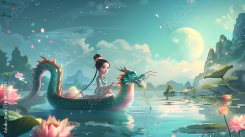 On lunar May 5th, a Chinese girl sits on a dragon boat and enjoys rice dumplings. Lotuses on the river scene. Translation: Wishes for a prosperous Duanwu holiday.