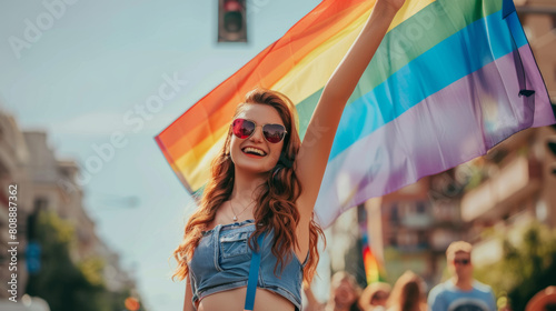 People participate in the annual Pride Parade and celebrations in the city. Young woman waving gay rainbow flag with people standing around. Stock Photo photography