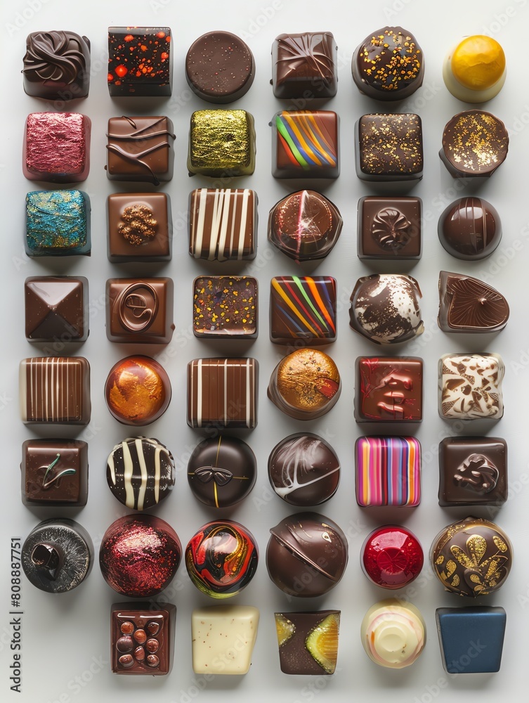 Capture the essence of decadence with a birds-eye view photo of a mouth-watering assortment of glossy chocolates