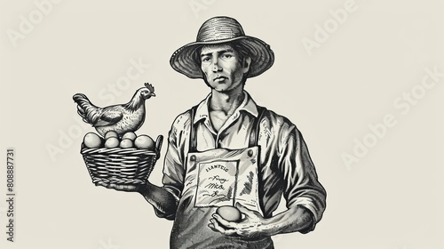 This vintage ad template represents a fresh farm product in engraving style, with a stock farmer holding a wooden basket with some eggs and a labeled carton. photo