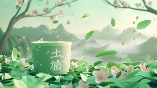 A banner ad featuring a tea package and scattered loose leaves in the background. Chinese translation: Tea of aromatic leaves and sweet tastes. photo
