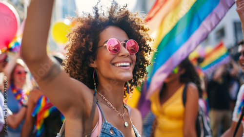 People participate in the pride parade. Multi-ethnic people in the city street with a woman waving gay rainbow flag. Stock Photo photography